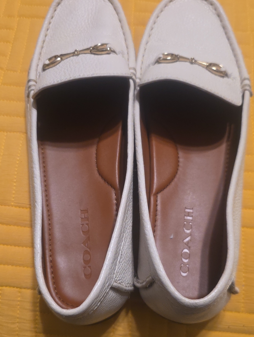 Coach White Leather Moccasin Loafers with Gold Bit